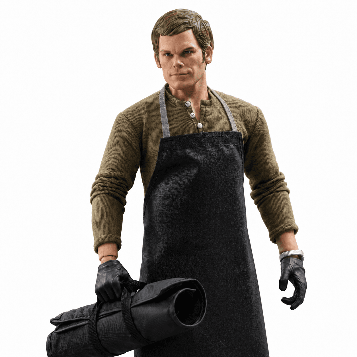 Close-up of the Dexter figure holding a rolled tool bag
